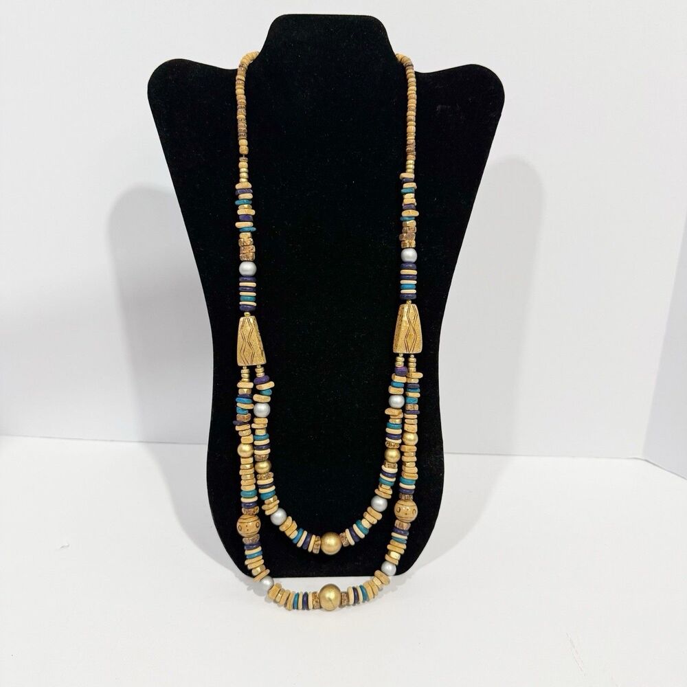 Vintage Casual Corner Double Strand Beaded Necklace Boho Wood Gold Tone Signed - Picture 2 of 16
